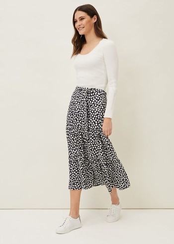 Phase Eight Tana Leaf Print Skirts Navy/White Canada | FKINPZ-048